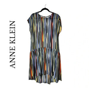 1911. ANNE KLEIN STRIPED SHORT SLEEVE COVERUP/OVERLAY DRESS‎ HI LOW BOTTOM SZ 10
